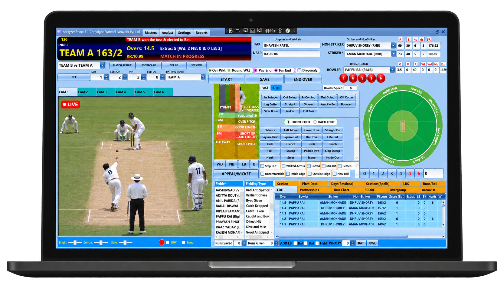 Analyzer software showing live cricket video, ball tagging and performance reports